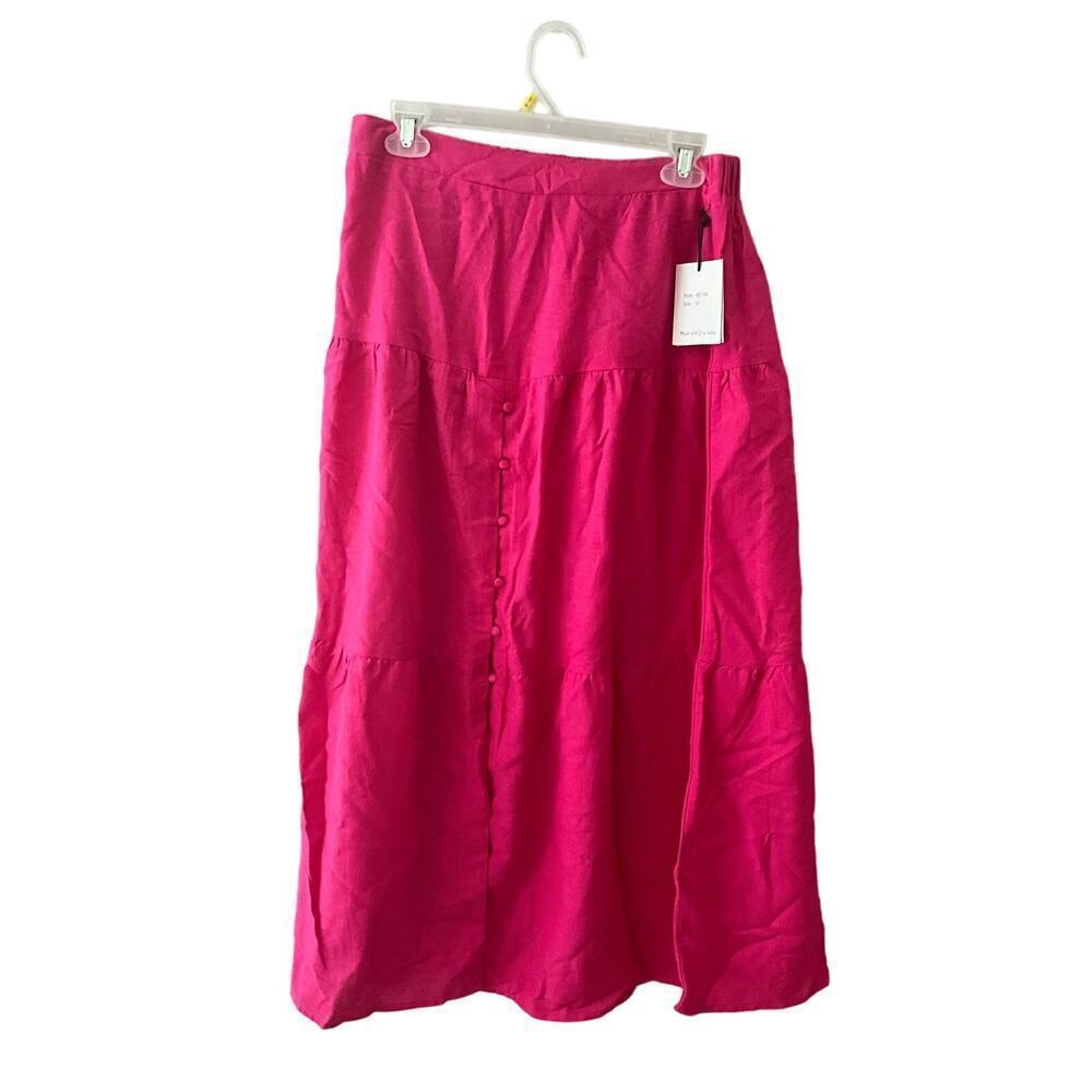 Japna A-line Midi Skirt Women's M Pink Hi-Rise‎ Front Button Detail Cotton Blend